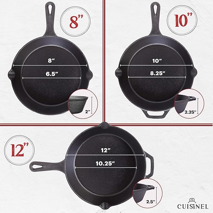 Cuisinel Cast Iron Skillets Set with Lids - 8"+10"+12"-inch Pre-Seasoned Covered Frying Pan Set + Silicone Handle and Lid Holders + Scraper/Cleaner - Use Cookware Indoor/Outdoor, Oven, Stovetop, Fire