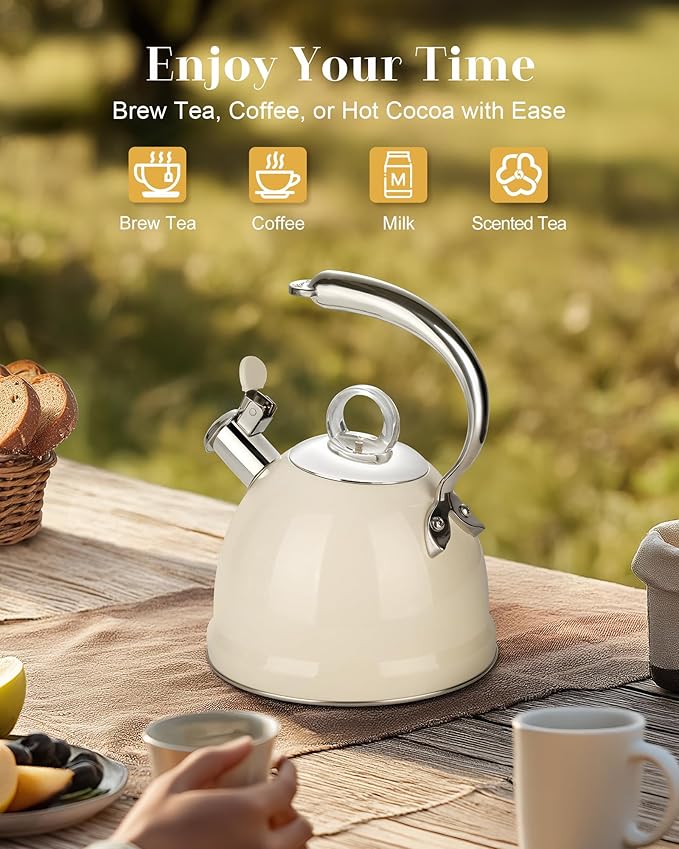 Harriet Tea Kettle Stovetop, 2.5 Quart Whistling Stainless Steel Tea Pot, 3-Layer Base, Unique Ergonomic Handle, Includes Pot Holder & Mat, Electric/Induction/Gas Stovetops Applicable, Beige White