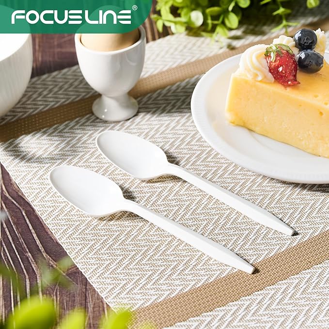 FOCUSLINE 2000 Pack White Plastic Spoons Bulk, Heat Resistant Disposable Teaspoons, Plastic Silverware for Take out Restaurants, Parties, Picnics, Travel & Any Events