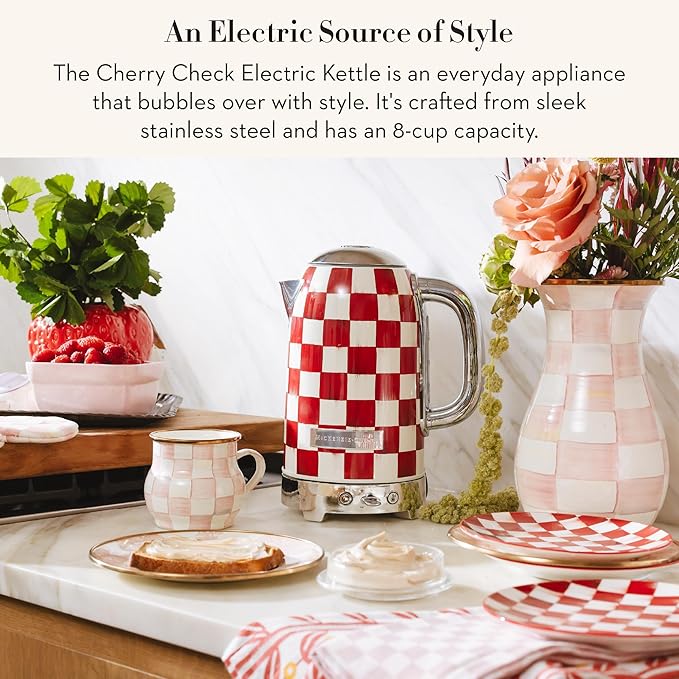 MACKENZIE-CHILDS Electric Kettle, Stainless-Steel Tea Kettle, Red-and-White Cherry Check