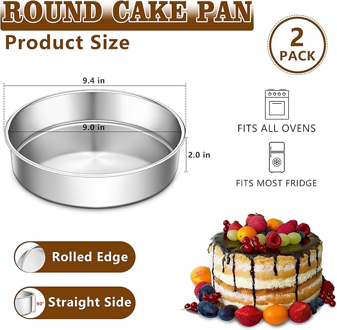 LIANYU 9 Inch Round Cake Pan Set of 2, Stainless Steel Wedding Oven Cake Pan Set for Baking, Metal Round Baking Tin Pan Mold, Deep Bakeware for Layer Birthday Cake, Mirror Polished, Dishwasher Safe