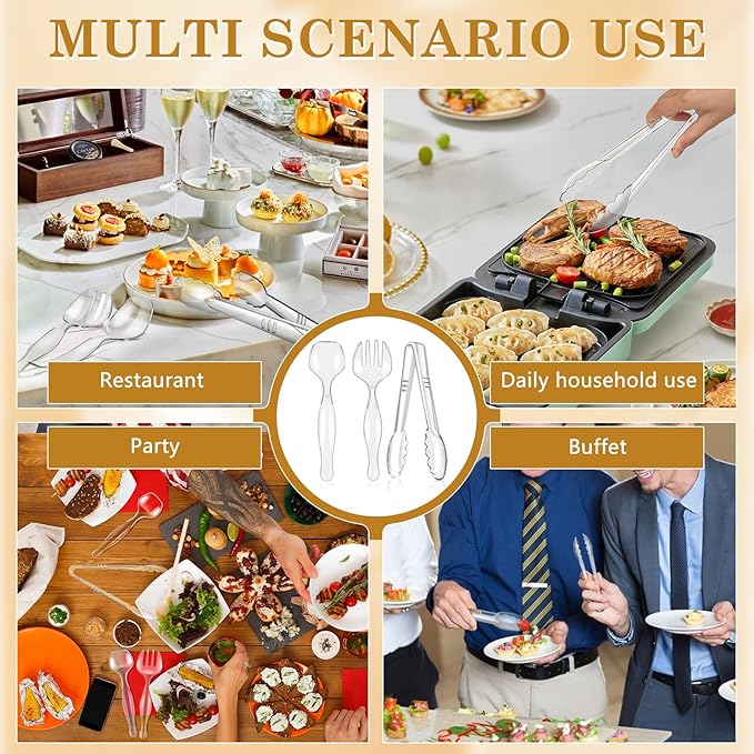 36Pcs Serving Utensils 9'' Large Plastic Serving Utensils Set Serving Spoons for Buffet Clear Disposable Plastic Tongs Heavy Duty Slotted Spoons/Forks Supplies for Party Food Salad Noodles Soup