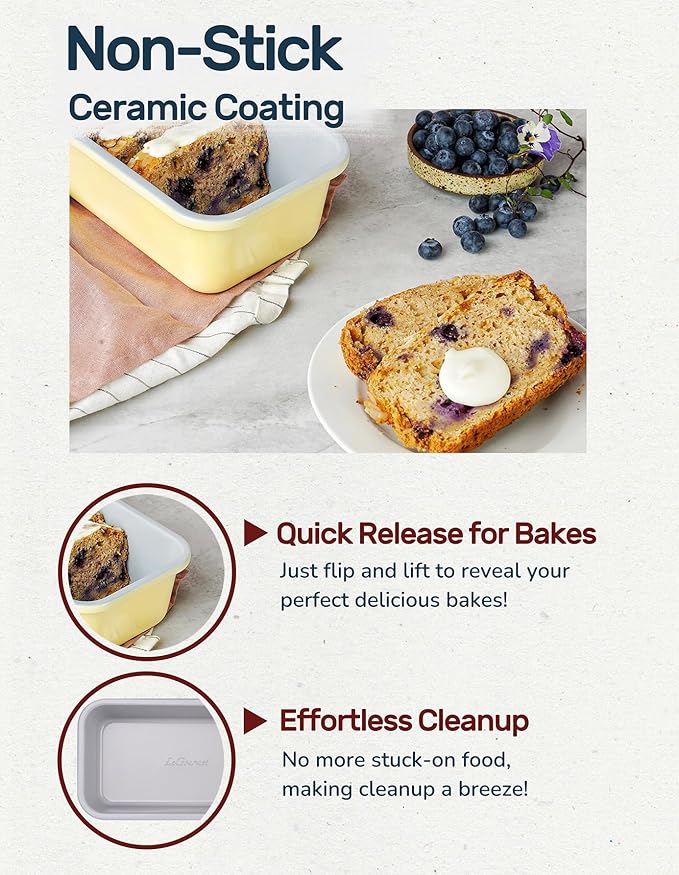 LeGourmet Nonstick Bread Loaf Pan 9 X 5 Inch, Ceramic Coating, Non-Toxic, Rust Resistant Aluminized Steel, Perfect 1 lb Baking Dish for Meatloaf, Pound Cake & Brownie (Rosemary 2pcs)