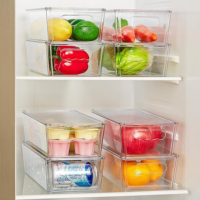 Vtopmart 8pcs Clear Organizers and Storage Bins with Lids, Stackable Plastic Storage Containers with Handles for Fridge, Freezer, Pantry, Cabinet, Kitchen Organization