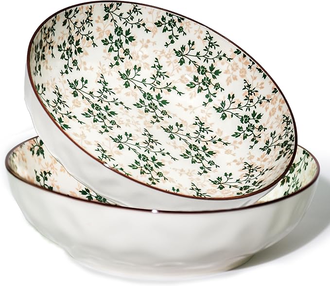 Large Serving Bowls, 78Oz Extra Large Salad Bowls Set of 2, Green Floral Pattern Design Decorative Bowls for Salad, Fruit, Pasta and Dinner, Serving Dishes Set for Party (Green Floral of 2)