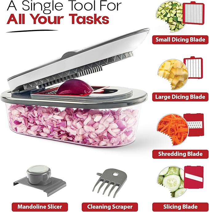 CHOPZILLA Vegetable Chopper and Mandoline Slicer for Kitchen Cuts 18x Faster, Come with 4 Blades, Scraper, & Container, All in 1 Veggie Chopper Vegetable Cutter, French Fry Cutter, Onion, Fruit, Salad