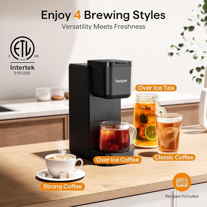 Single Serve Coffee Maker for K Cup, Ground and Tea Leaves, Hot and Iced Coffee Machines with Bold Setting, 6 to 16 Oz Brew Sizes, Compact for Small Spaces, Black (2.0 Version)