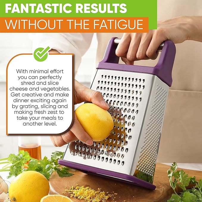 Spring Chef Purple Professional Stainless Steel XL Parmesan Cheese Grater with Handle - Manual Box Grater for Kitchen, 4 Sides, Dishwasher Safe Food Shredder for Vegetable, Potato, Hard Cheese, Carrot
