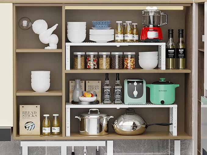 Adjustable Expanable Stackable Spice Rack Shelf Pantry Storage Organizer for Kitchen Cabinet,Countertop,Bathroom and More.Space is no Longer Limited(2Packs/White/Large)