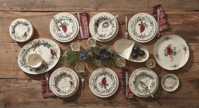 Lenox 894540 Winter Greetings 12-Piece Dinnerware Set, Red & Green, 12 Count, Christmas, Holiday Hosting