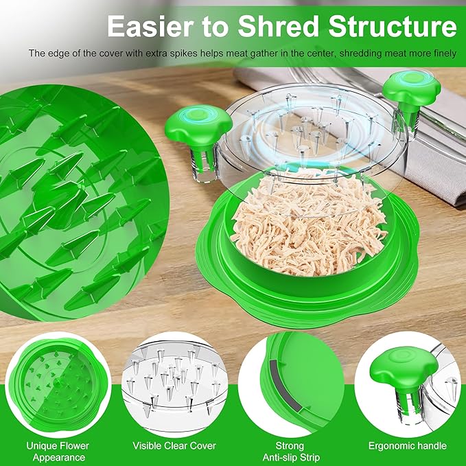 Chicken Shredder Large Chicken Breast Shredder Tool Twist with Brush&Fork, Visible Meat Shredder Machine, Strong Anti-Slip Strip, Ergonomic Handle, BPA Free, Suitable for Pork Beef Chicken(Green)