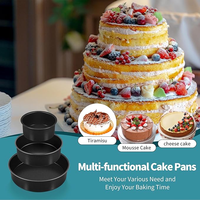 P&P CHEF 4/6/ 8 Inch Cake Pan Set of 3, Non-Stick Round Cake Pans Tins for Tier Smash Cakes, Baking Pans Set & Essential Bakeware, Stainless Steel Core & Leak-Proof