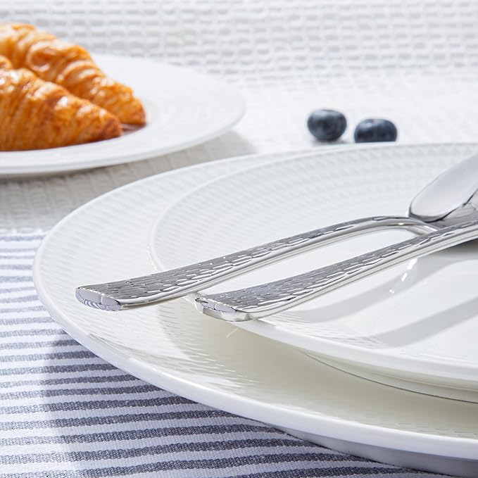 KINGSTONE Hammered Silverware Set, Flatware Set, 18/10 Stainless Steel Premium Cutlery with Unique Ripple Handles Design Mirror Polished - Dishwasher Safe (30-Piece)