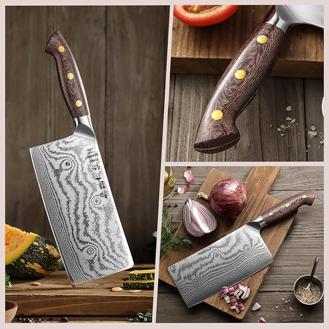 HEZHEN Meat Cleaver Knife,7 Inches, 67 Layers Damascus Steel Kitchen Knife, Professional Cleaver Knife for Meat and Vegetable Cutting, Ultra Sharp, Ergonomic Micarta Handle, Gift Packing