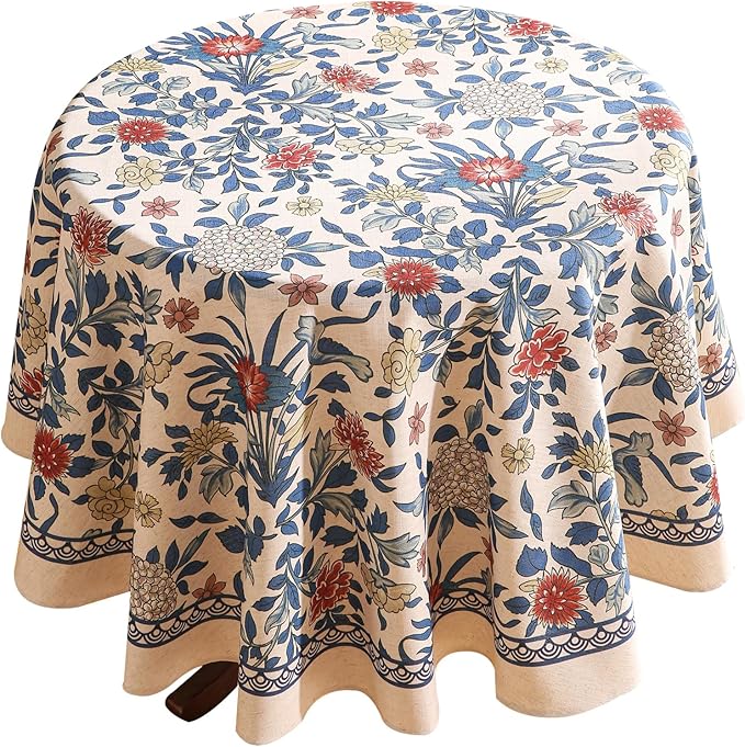 patdrea Designer Blue Tablecloth for Round Table,Vintage Linen with Leaves and Floral Pattern Tablecloths,Farmhouse Decor Cover for Kitchen Dining Christmas,Thanksgiving,Diameter 67"-Ivar a