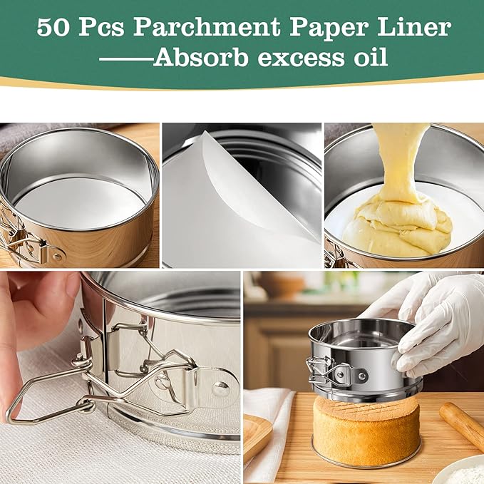 4" Springform Cake Pan, 4 Pcs Stainless Steel Springform Pans with 50 Pcs Paper Liners, Leakproof & Nonstick Cheesecake Pan with Removable Bottom, Small Cake Pan for Mini Pizzas Quiches