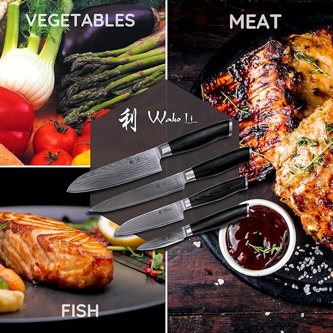 Wakoli MIK Damascus 4-Piece Knife Set – Japanese Style Kitchen Knives | Genuine Damascus Steel Blades with VG10 Core | Ergonomic Micarta Handles | Professional Chef Knife Set in Gift Box