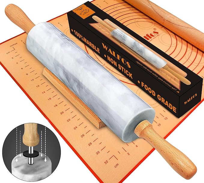 Walfos Marble Rolling Pin Set With Non Stick Silicone Pastry Mat, 16.5 Inch Dough Rolling Pins For Making Pizza, Tortillas And Cookies, Backing Rolling Pin For Pie Crust, Pizza, Pasta (Gray & White)
