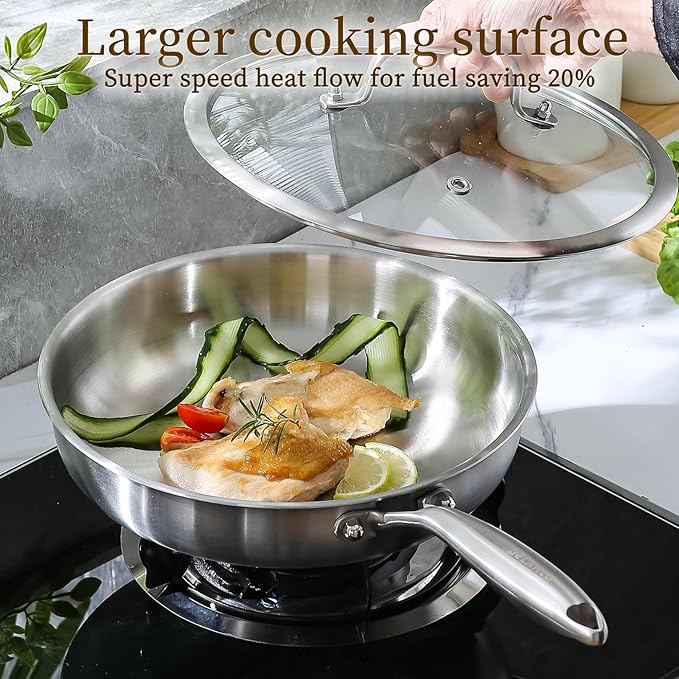 DELARLO Tri-Ply Stainless Steel Frying Pan丨9 inch Skillet with Lid丨All Cooktops Compatible Up to 600℉丨Enegry Saving丨Kitchen Egg Skillet 9" 丨Durable丨Everything Pan丨Omelet Pans for Kitchen Cooking