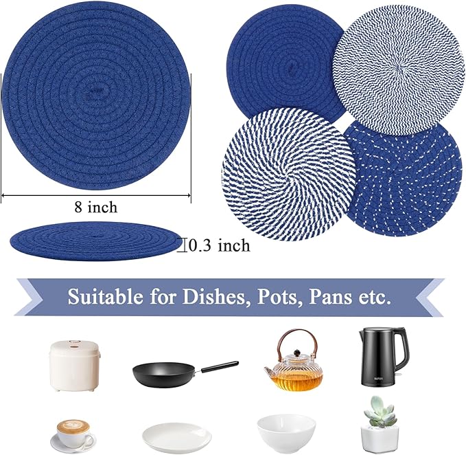 SHACOS 8 Inches Trivets for Hot Dishes, 4 Pieces Cotton Trivets Mats for Kitchen, Hot Pads for Countertops and Table, Heat-Resistant Pot Holders for Hot Pots and Pans(Deep Blue, 4pcs)