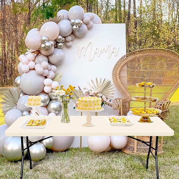 6 Pack Stretch Fabric Table Top Cap Cover, fits 6' Tables, Spandex Table Covers Washable Elastic Rectangle Tablecloth Protector for Indoor Outdoor Party Picnic Wedding, Ivory, 30" W x 72" L