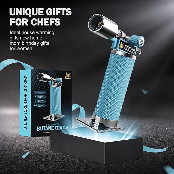 RAVS Butane Torch Lighter, Refillable Kitchen Torch with Safety Lock and Adjustable Flame, Creme Brulee Torch for Baking, BBQ, Blue Blow Torch for Cooking, Mens Gifts, Butane Gas Not Included
