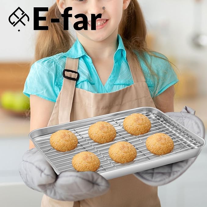 E-far Small Baking Sheet with Wire Rack (2 Pans + 2 Racks), Stainless Steel Cookie Sheets Trays & Cooling Rack for Toaster Oven, Non Toxic & Warp Resistant, Oven & Dishwasher Safe, 10.5 x 8.3 x 1 Inch