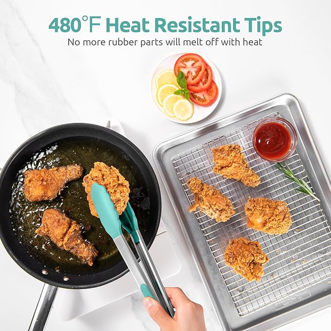 Heat Resistant Silicone Kitchen Tong: U-Taste 12 inch Large 480ºF Hot Proof Cooking Tong with Sturdy Non Stick Rubber Tips & Silicon Coated Steel Handle & Smooth Locking for Serving Salad (Aqua Sky)