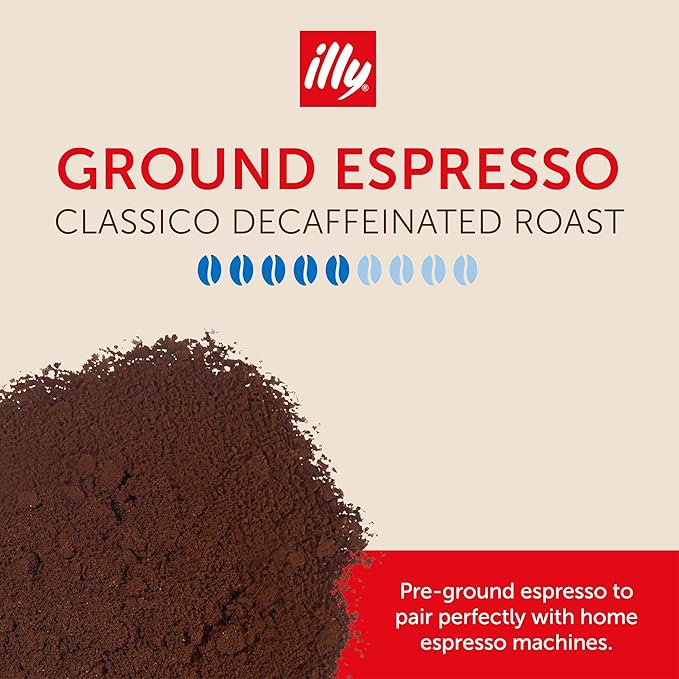 Illy Ground Espresso Coffee, Decaffeinated - Medium Roast - Mild & Balanced - 100% Arabica - Pre-Ground for Espresso - Pressurized Packaging Sealed for Freshness- 8.8oz (Pack of 12)