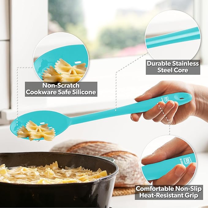DI ORO Silicone Cooking Spoons - Large Mixing, Serving & Stirring - 600F Heat-Resistant Non-Stick - Big Solid & Slotted Basting Spoons - Dishwasher Safe (2pc, Teal)