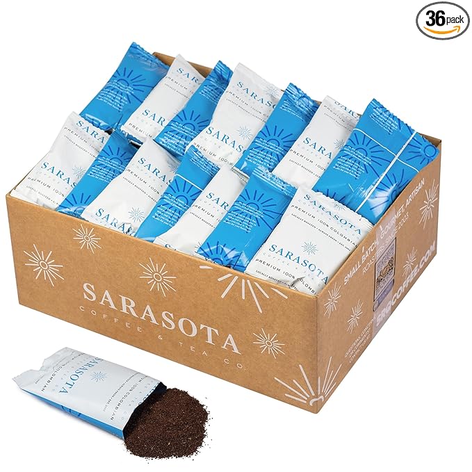 SARASOTA COFFEE & TEA CO. Packets, Pre Ground Coffee Packs, Premium 100Percent Colombian Medium Roast, Bulk Single Pot Bags for Drip Coffee Makers, (2 oz Bags, Pack of 36)