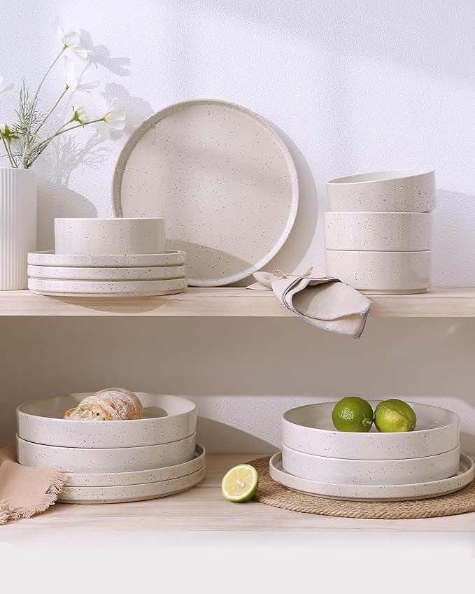 Famiware Nebula Plates and Bowls Sets, 12 Pieces Dinnerware Sets, Dishes Set for 4, Creamy White with Colorful Speckles