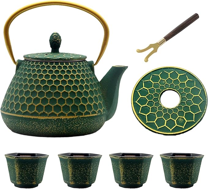 YJX Cast Iron Teapot and Cups Set, 33.8oz Hexagon Pattern Tea Pot Enameled Interior, Tea Kettle for Stovetop, Japanese Teapot Set with Teacups for Adults, Green Kettle with Infuser for Loose Leaf