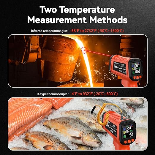 '-58°F to 2732°F Infrared Thermometer IR Laser Gun 50:1, Digital Temperature Gun/K-Type Probe -4°F~932°F, Humidity Sensor, High-Temp Pyrometer for Kiln, Forge, Furnace, Industrial Use