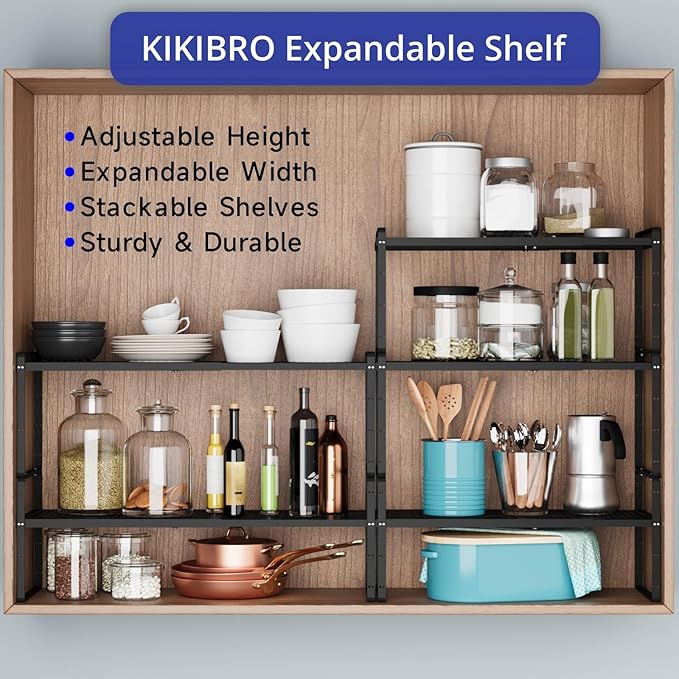 Expandable Kitchen Shelf Organizers, Kitchen Cabinet Organizer Stand Rack Organization for Countertop Cupborad Pantry, Black 1 Pack