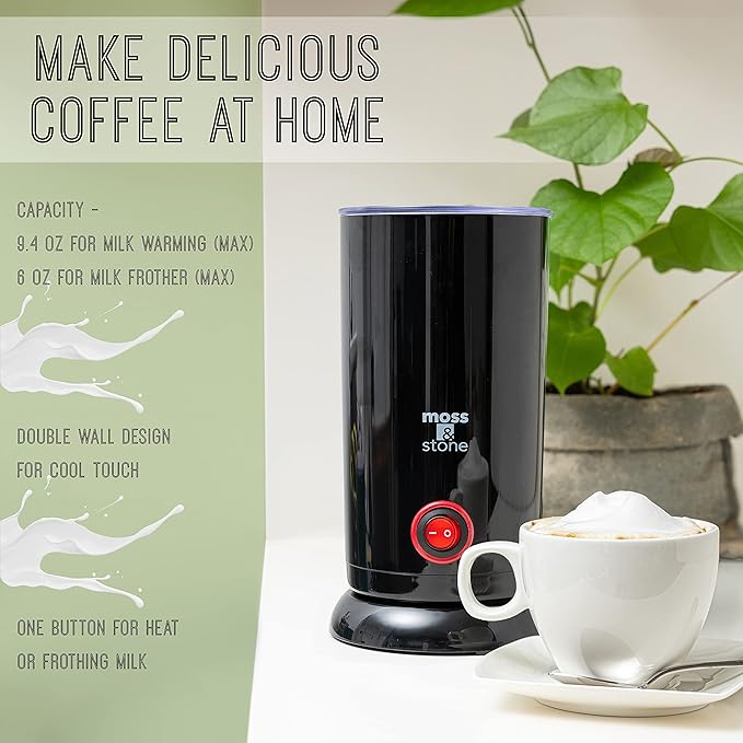 Moss & Stone Electric Milk Frother Latte Art Steamer, Electric Cappuccino Machine And Milk Warmer, Hot Foam Maker and Milk Warmer for Latte, Cappuccinos, Macchiato, Hot Chocolate Milk