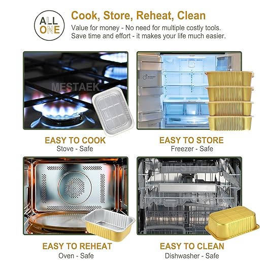 9"x 6.5" Sturdy Aluminum Foil Pans with Lids (5 Pack), 2X Thicker Heavy Duty for Oven Stove Grill Microwavable Cooking, Baking, Reusable Dishwasherable Disposable Pot, Container 47oz