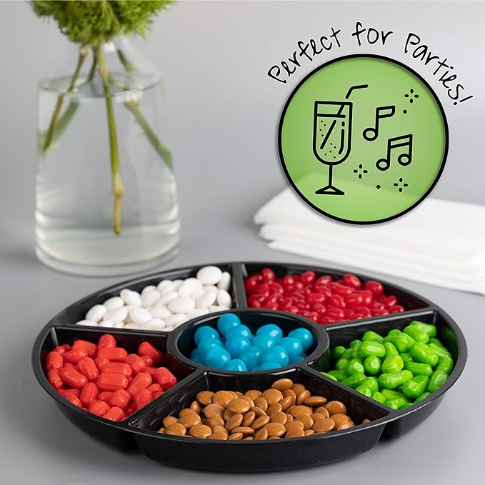 Plasticpro 6 Sectional Round Plastic Serving Tray/Platter (4, Black)