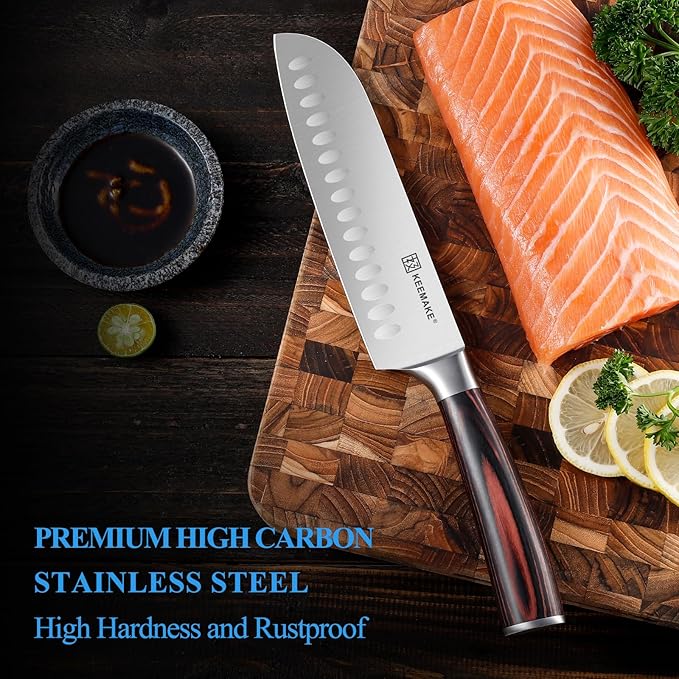 KEEMAKE Chef Santoku Knife - 7 Inch Ultra Sharp Kitchen Knife with Stainless Steel Blade for Cooking Meat Fruit Vegetable with Ergonomic Pakkawood Handle and Gift Box Included