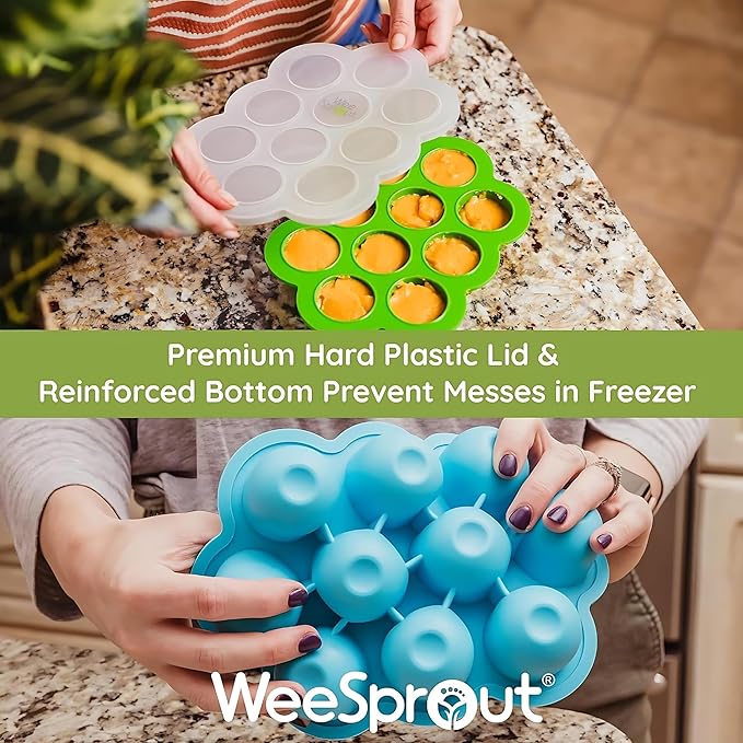 WeeSprout Silicone Baby Food Freezer Tray with Clip-on Lid - Perfect Storage Container for Homemade Baby Food, Vegetable & Fruit Purees, and Breast Milk