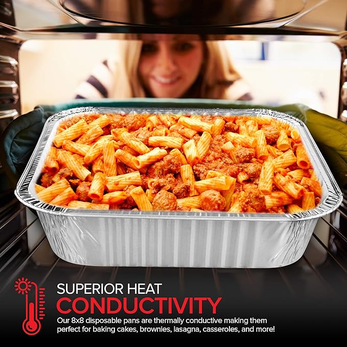 Stock Your Home 8" Square Cake Pans (50 Pack) - Disposable & Recyclable - Aluminum Baking Pans with Lids