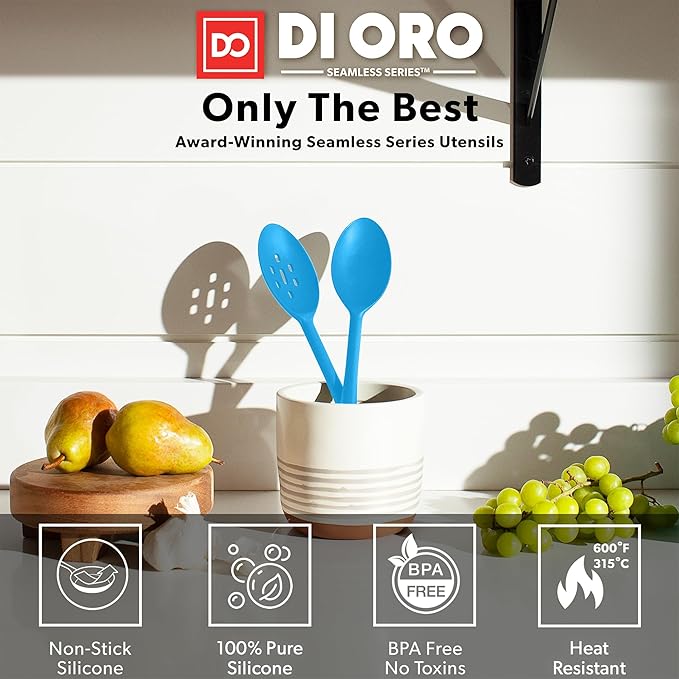 DI ORO Silicone Mixing & Serving Spoons - Large Heat-Resistant Non Stick Utensils Big Solid & Slotted Basting Spoons - Dishwasher Safe (2pc, Blue)