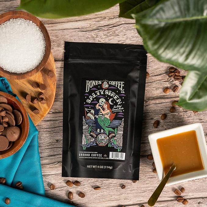 Bones Coffee Company NEW Favorite Flavors Sample Pack, Assorted Flavored Coffee Low Acid Medium Roast Arabica Beans Specialty Coffee Gifts, Auto Drip and French Press Compatible, 4 oz Pack of 5 Ground