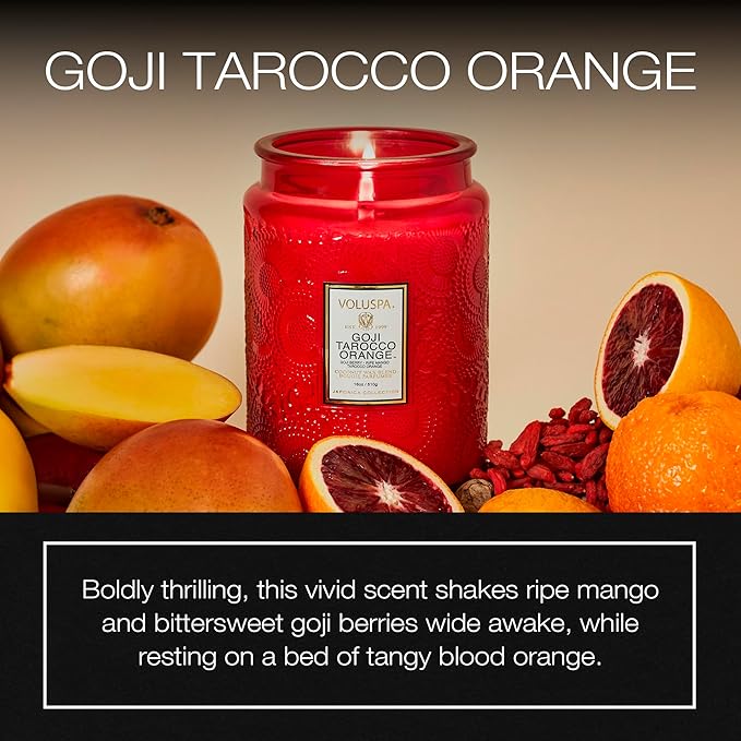 Voluspa Goji Tarocco Orange, Large Candle Jar, 18 oz, 100 Hour Burn Time, All Natural Wicks and Coconut Wax for Clean Burning, Vegan, Poured in the USA