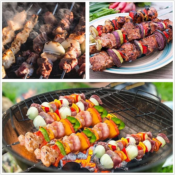 23.6" Large Size Kabob Skewers Flat Metal BBQ Barbecue Skewer Wooden Handle Stainless Steel Shish Kabob Stick Wide Reusable Grilling Set Meat Shrimp Chicken Vegetable Kebab Fork Sausage-12PCS