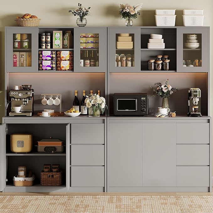 Garvee Kitchen Pantry Cabinet,71 in Tall Storage Cabinet with Doors&Shelves Adjustable, Kitchen Storage Hutch with Microwave Shelf, Led Lights&Charging Station,Corner Pantry Cabinet