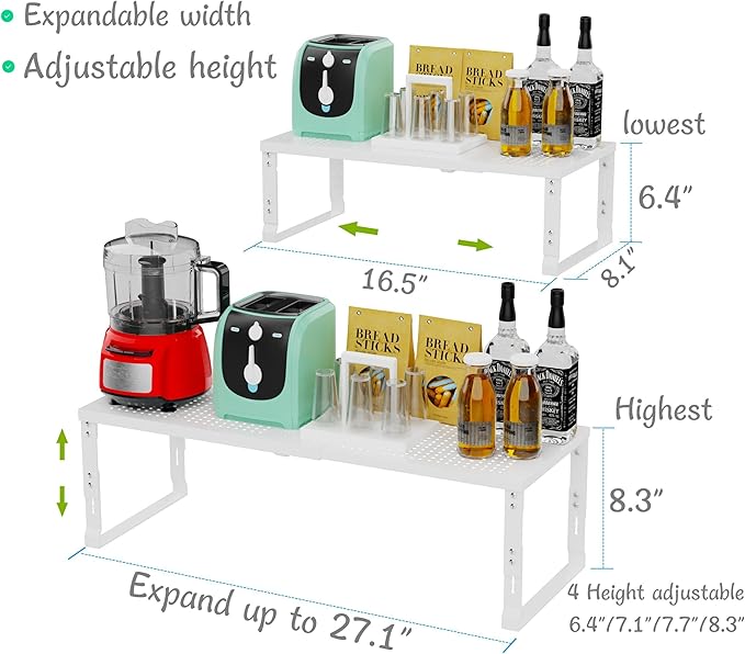 Adjustable Expanable Stackable Spice Rack Shelf Pantry Storage Organizer for Kitchen Cabinet,Countertop,Bathroom and More.Space is no Longer Limited(1Pack/White/Medium)
