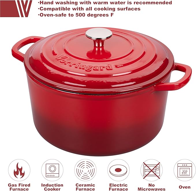 Enameled Cast Iron Dutch Oven Pot with Lid, for Sourdough Bread Baking, Round Dutch Ovens, 6 Quart, Red
