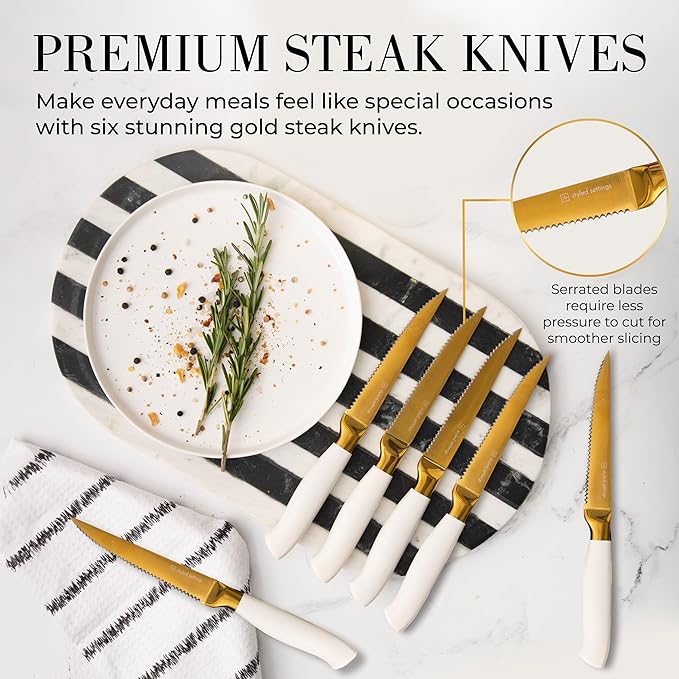 White and Gold Knife Set with Block - 14-Piece White Knife Set with Block and Built-In Sharpener – Titanium-Coated High Carbon Stainless Steel Blades - Gold Kitchen Accessories - Great for Gifting