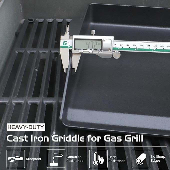 Cast Iron Griddle, Universal Stove Top Flat Griddle Charcoal Gas Grill Pan Insert for Weber Charbroil Nexgrill Replacement Parts Cooking Plate Outdoor Camp Tailgating Teppanyaki Accessory 17" x 13"